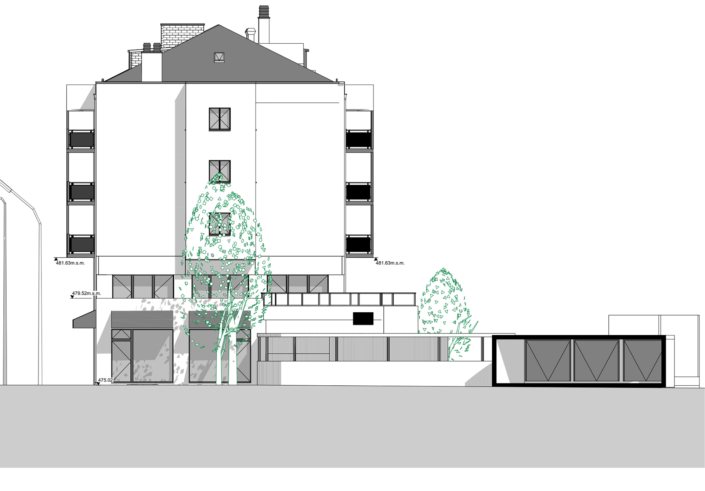 Süden: Fassade eines Gebäudes aus einem Architektenplan entnommen