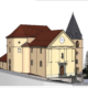 Perspektivische Ansicht einer historischen Kirche im Wallis, entworfen von einem Architekten, der auf 3D-Modellierung und Architekturvermessung spezialisiert ist.
