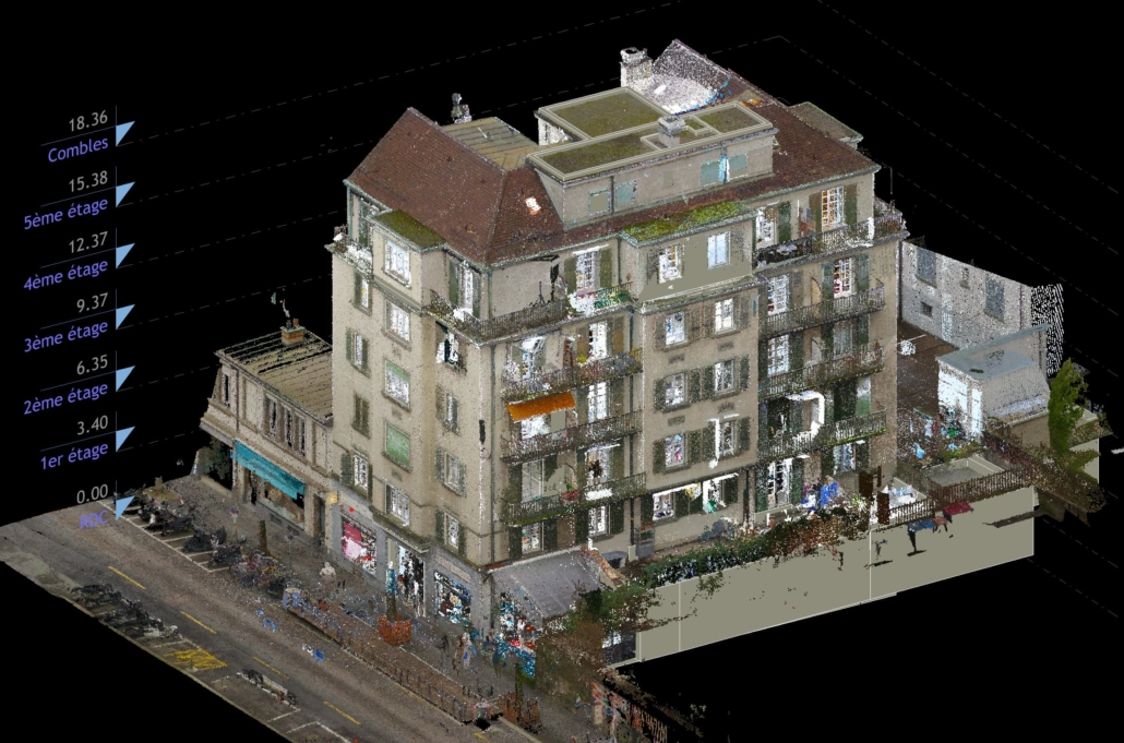 Bild einer Punktwolke aus einer 3D-Vermessung eines Gebäudes in Lausanne