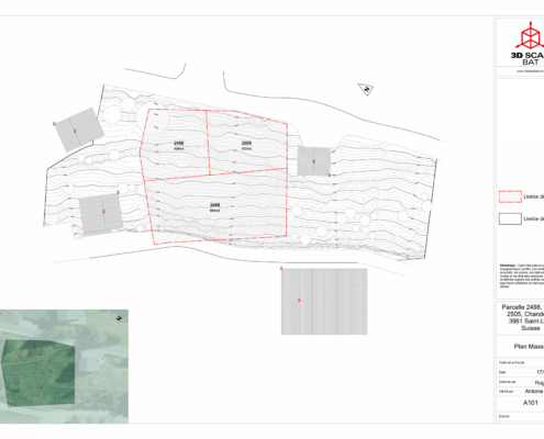 Topografische Erhebung durch terrestrisches 3D-Scanning in der Schweiz mit modellierten Höhenkurven, Bäumen und Gebäuden