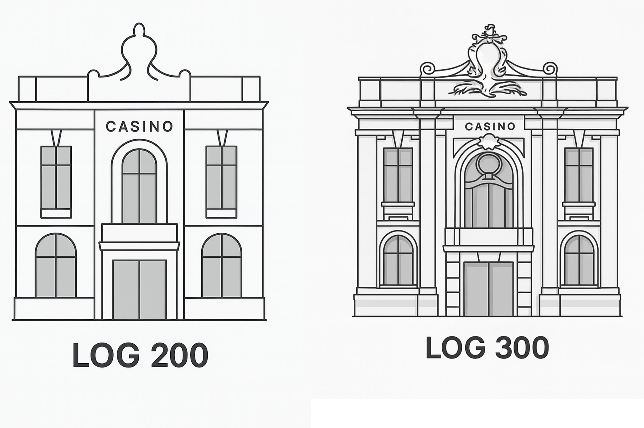 Illustration of a building facade modelled in LOG 200 (schematic) and LOG 300 (detailed) for a comparative reading of the level of detail in BIM.