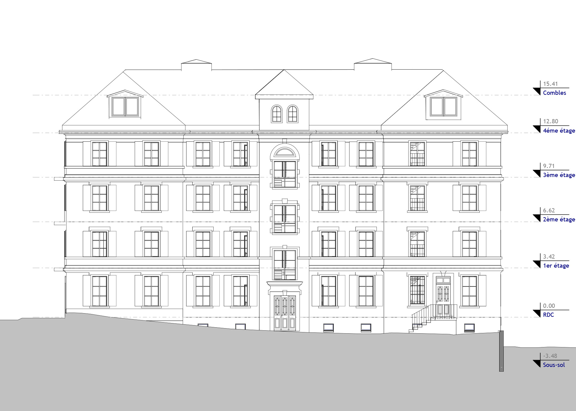 Élévation architecturale d’un immeuble d’habitation montrant les niveaux du sous-sol aux combles, réalisée à partir d’un relevé 3D dans le cadre d’un permis de construire