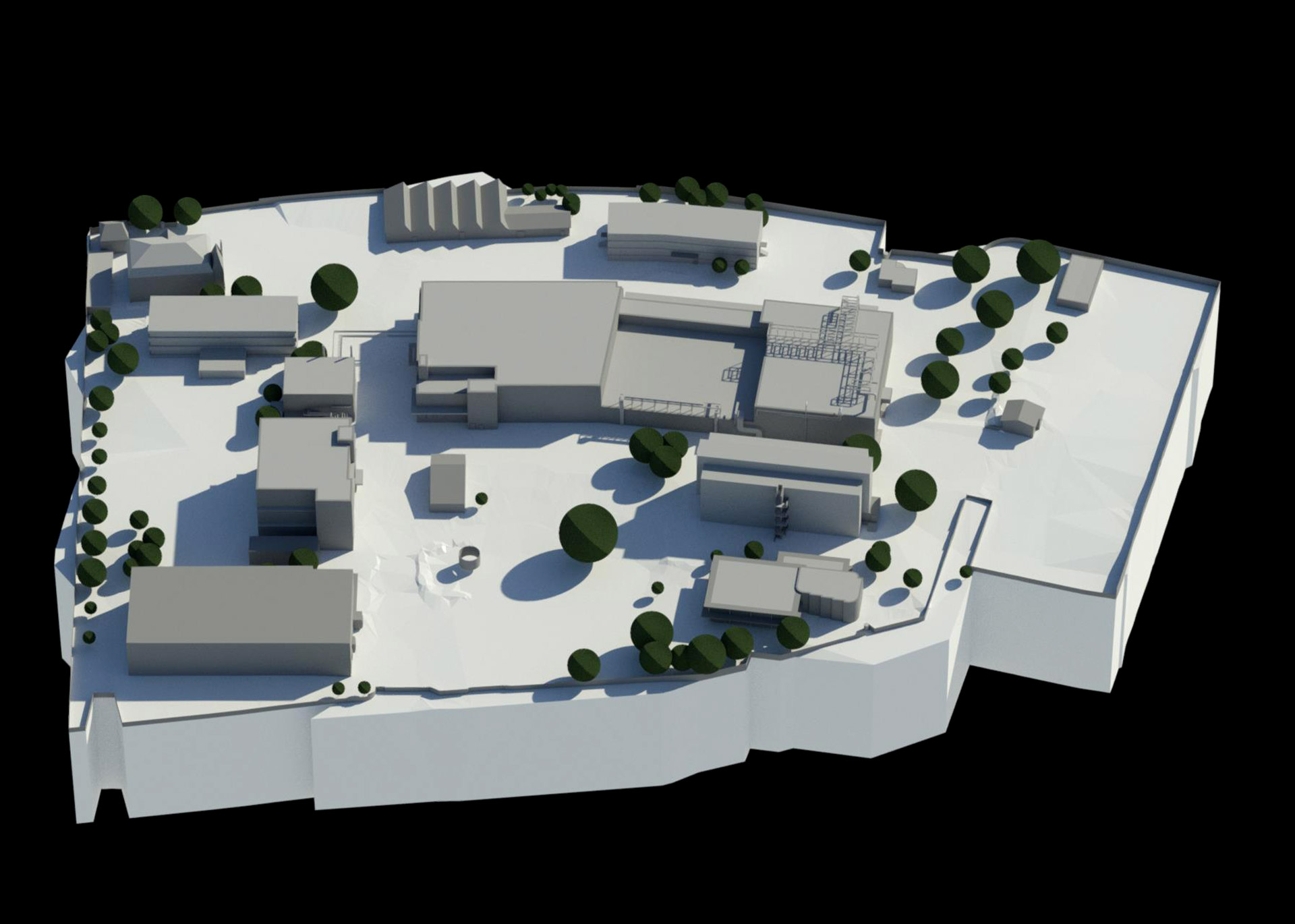 3D white model of an industrial site in Zurich modelled by 3D Scan Bat, aerial view showing the volumes of the buildings and the layout of the site