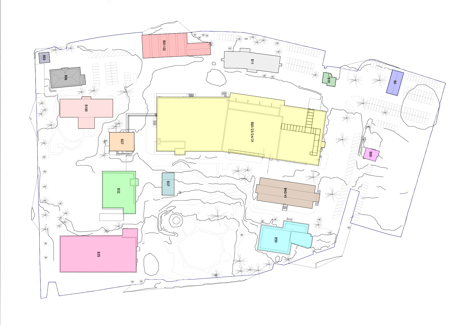 Coloured floor plan of the Zurich industrial site showing the various buildings modelled in white, each identified by a separate building code.
