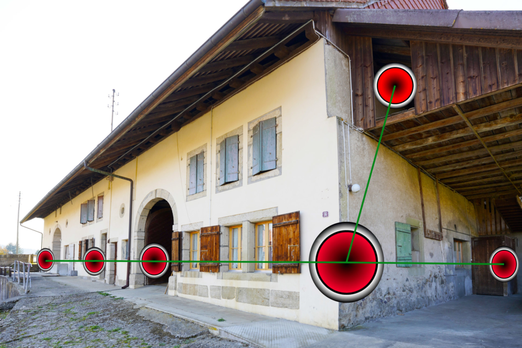 Illustration de la façade du ferme vaudoise avec points des panoramas 360 degrés de la visite virtuelle