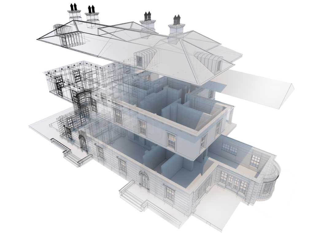 Illustration eines BIM-3D-Modells eines Gebäudes, das Explosionsansichten verschiedener architektonischer Abschnitte und strukturelle Details zur eingehenden Analyse zeigt.