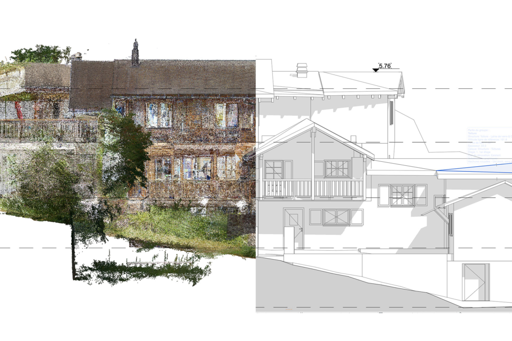Architektenpläne für die Erweiterung eines Hauses - linker Teil Ansicht aus der Punktwolke und rechter Teil Verlängerung des Gebäudes im 3D-Modell