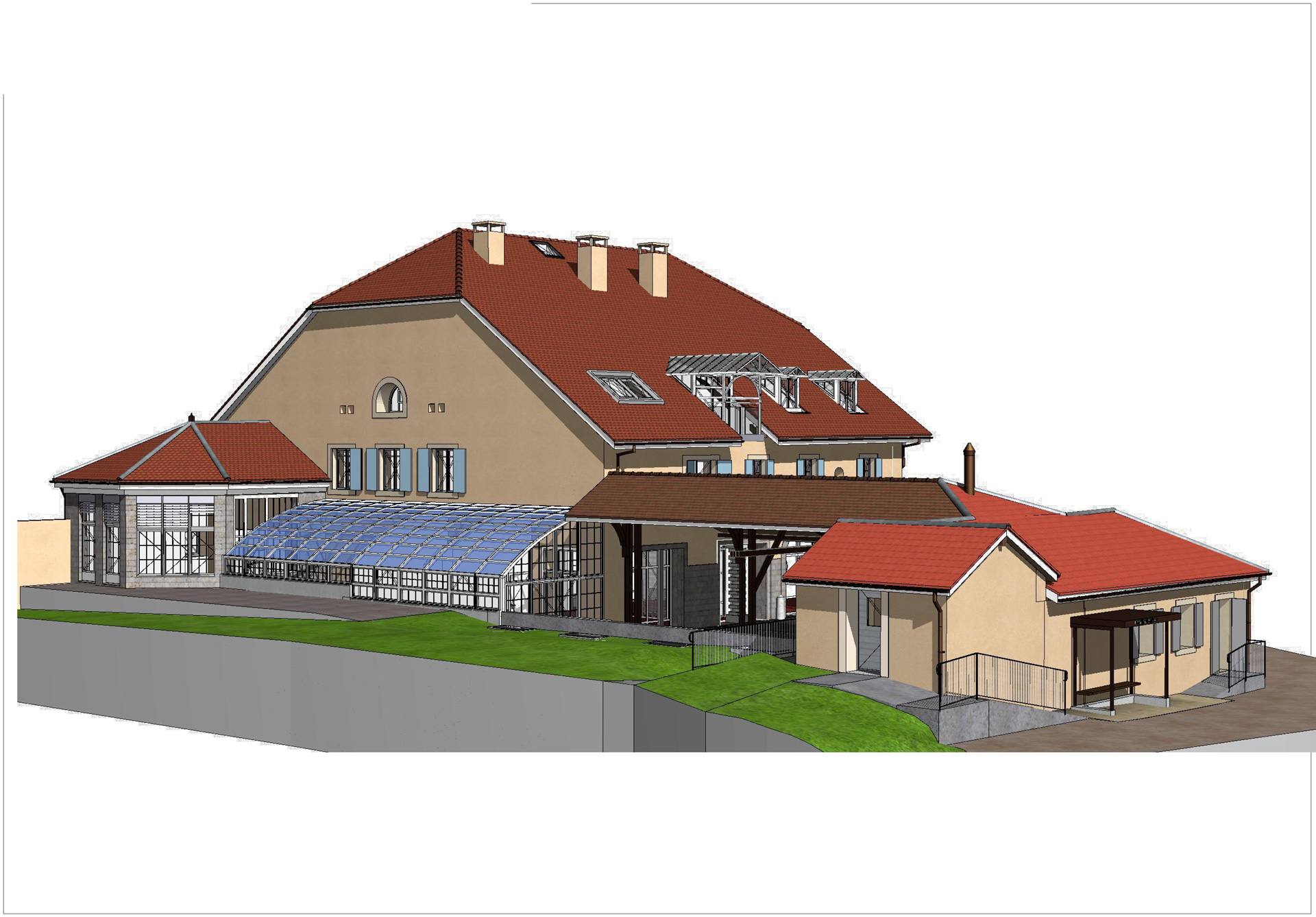 Image of a 3D/BIM model of a house in the canton of Vaud with outbuildings, illustrating the page dedicated to the integration of 3D model files in CAD/CAM software.