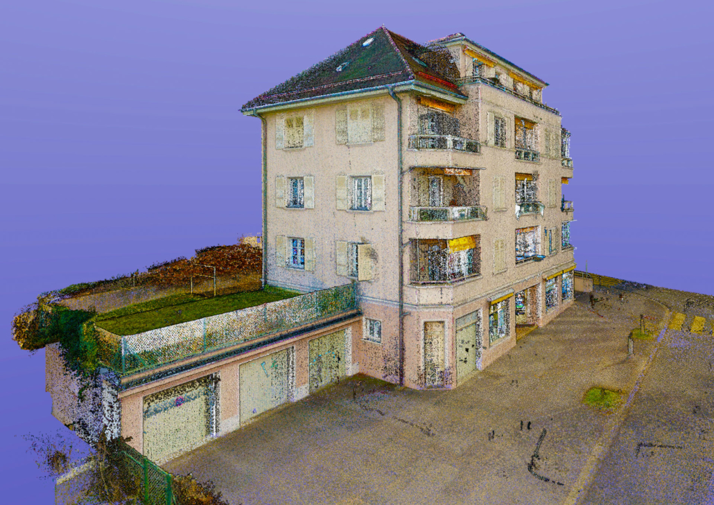 Représentation 3D d’un immeuble sous forme de nuage de points capturé par scanner