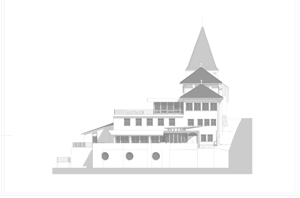 Fassade eines Geschäfts- und Verwaltungsgebäudes, die den Abschnitt GEAK Plus auf 3D Scan Bat darstellt, der dem 3D-Scan und den Architektenplänen gewidmet ist.
