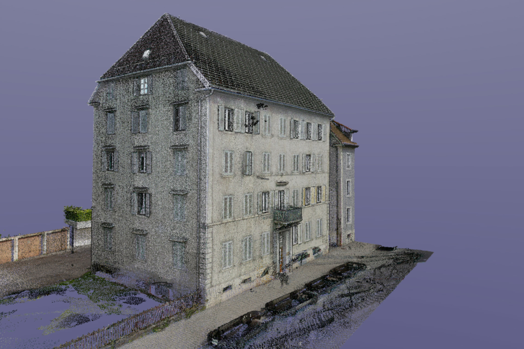 Illustration représentant le nuage de points coloré d’un immeuble typique de la région du Locle et de la Chaux-de-Fond pour illustrer la page de 3D Scan Bat dédiée à la page - Architecte - Le Locle : Découvrez nos services de scan 3D