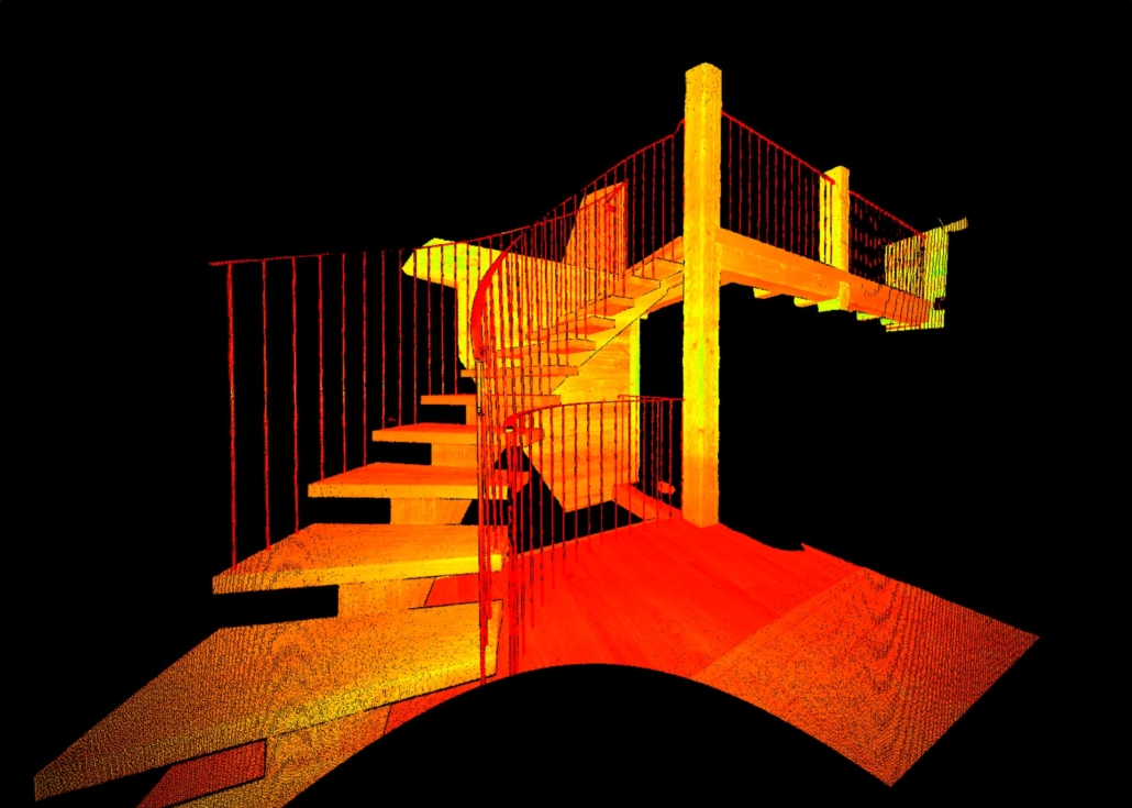 Point cloud illustrating a wooden staircase and a metal balustrade for the article "How to measure a staircase, stairwell or handrail