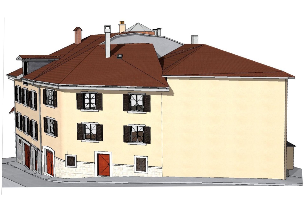 Perspektive eines in Archicad modellierten Dorfhauses, die die Seite der Website von 3D Scan Bat "Architekt in Monthey: Dienstleistungen für 3D-Gebäudeaufnahmen" illustriert.